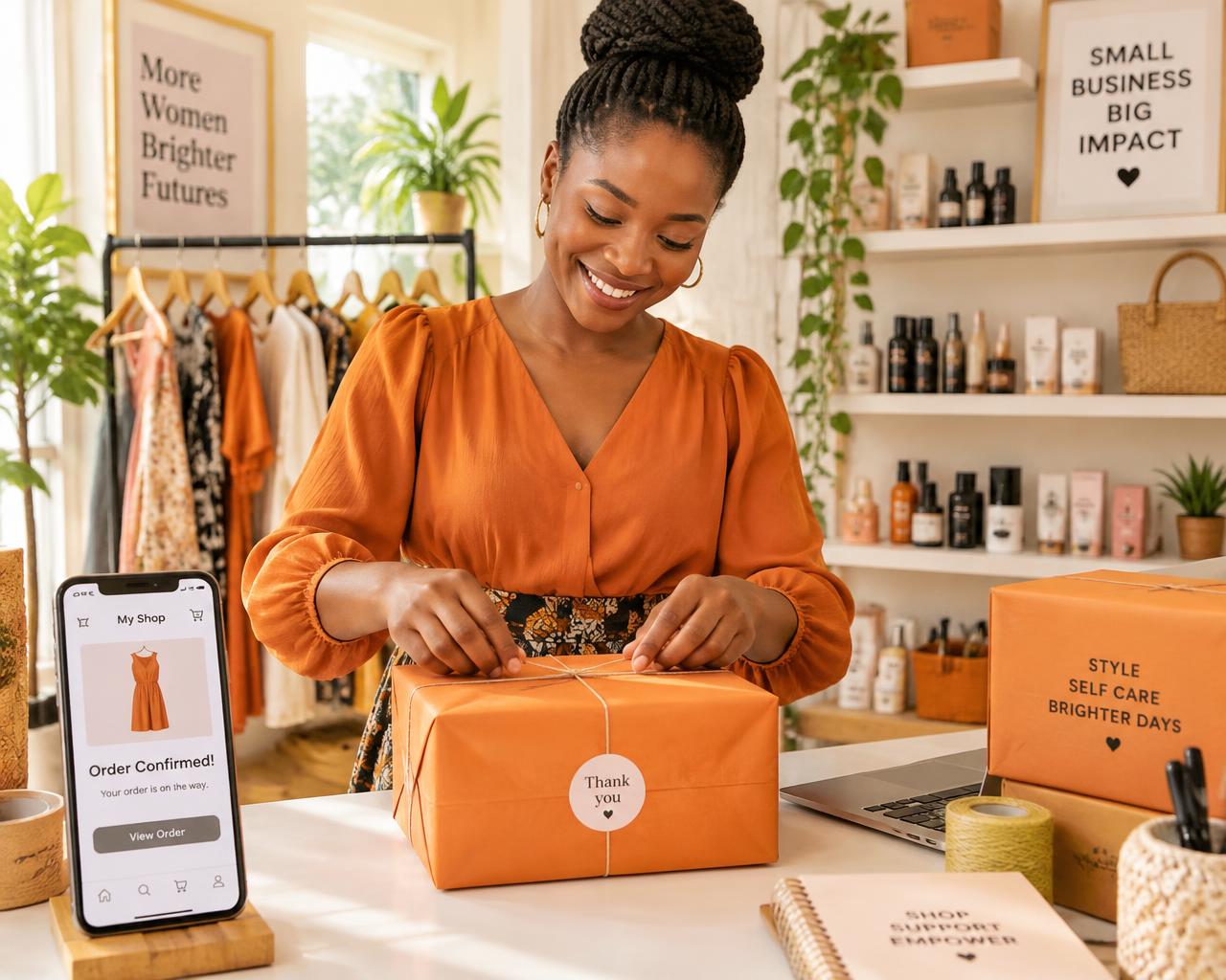 Une vendeuse prépare une commande dans sa boutique